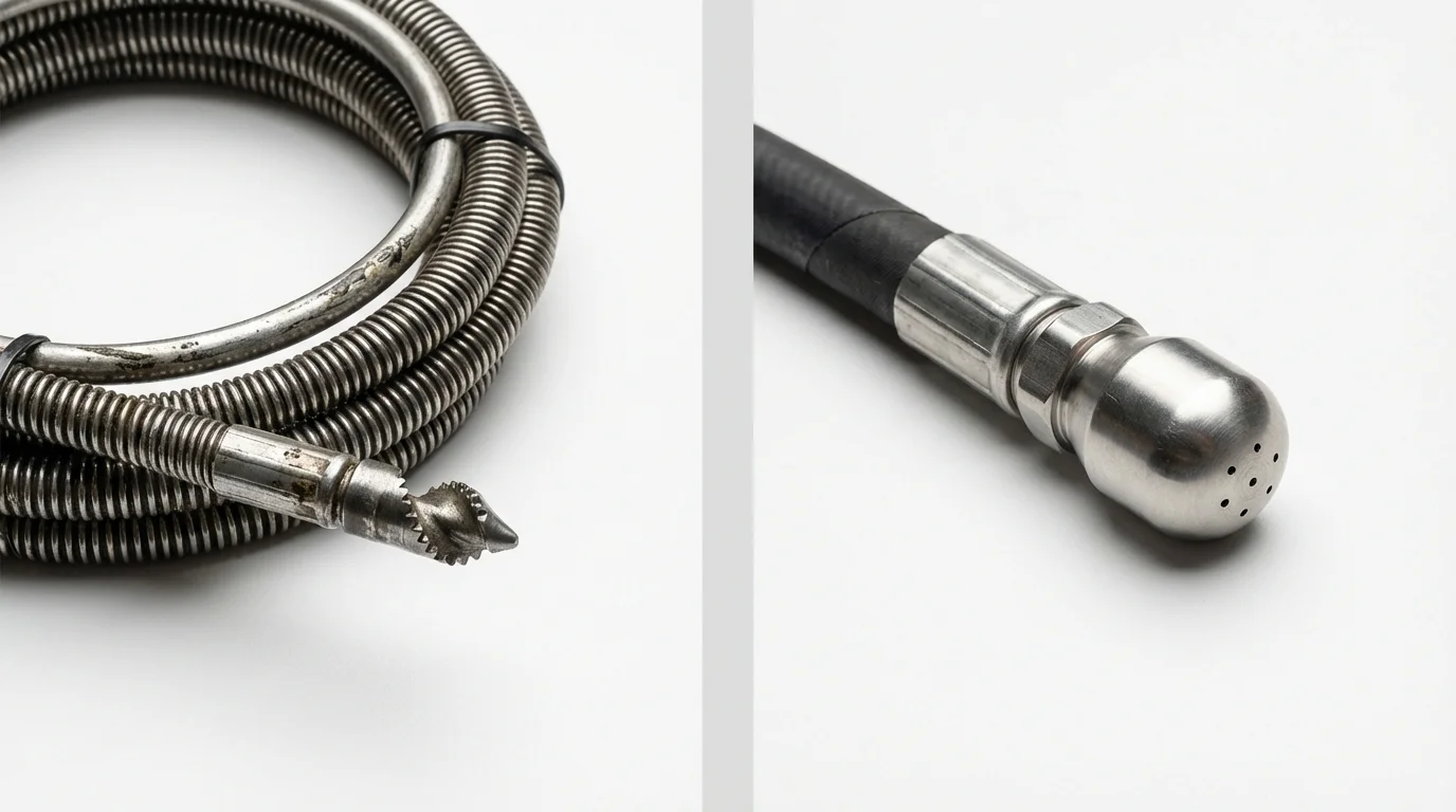 Drain snake cable and hydro jetting nozzle used for drain cleaning in Orange, CA