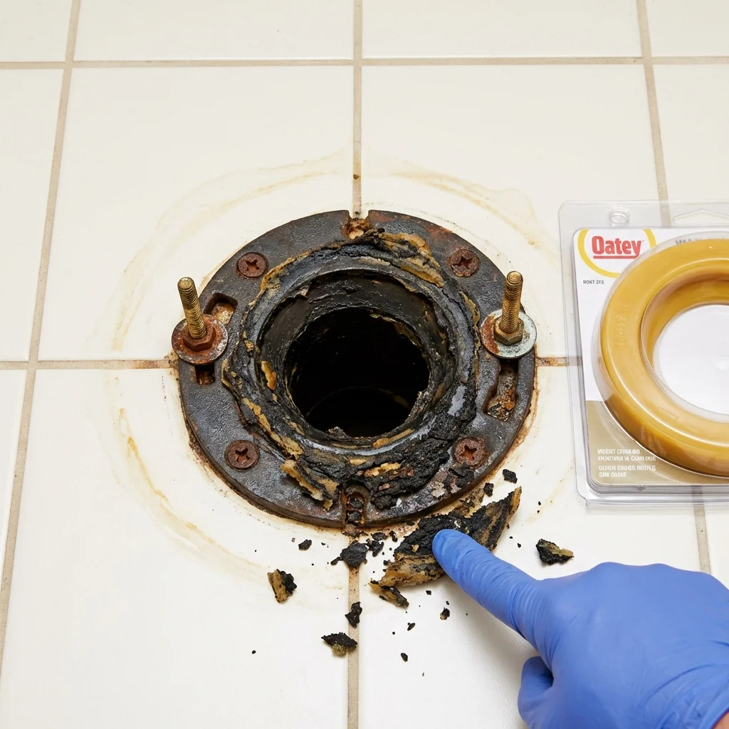 Failed wax ring showing water seepage at the base of a toilet in a Orange, CA home